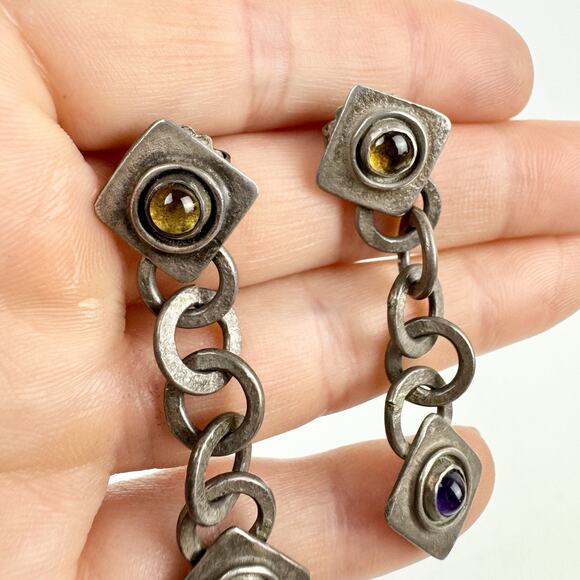 Vintage SCB Earrings 925 Sterling Silver Real Amethyst Purple Yellow Stone Chain - Picture 5 of 13